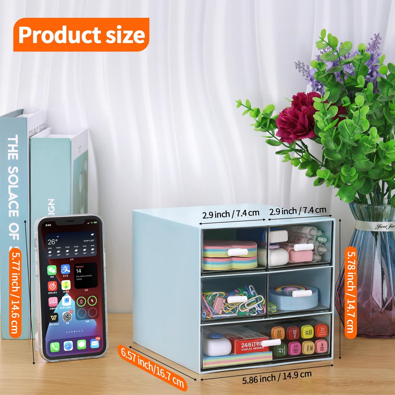 Desk Organizer with 5 Drawers, Rectangular Office Stationery Supplies Desktop Drawers, Plastic Makeup Storage, Suitable for Office, School, Home (Blue & 5 Drawers)